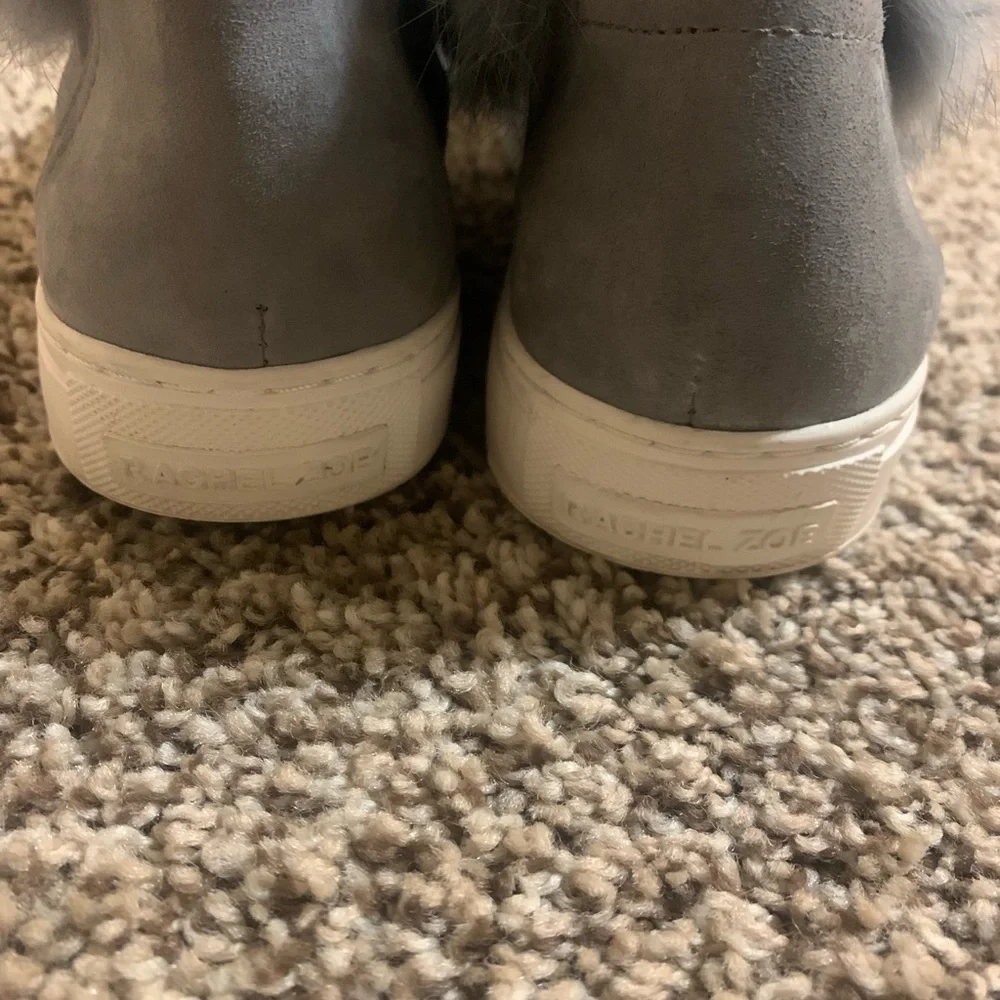 RACHEL ZOE Grey Suede Slip Ons Burke Fur Sz 7.5M Women’s GUC
